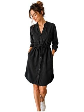 Quiet Luxury Tencel Utility Shirt Dress Drawstring Black Soft Girl